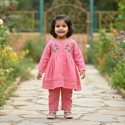 Peach Floral Embroidered Cotton Kurti &amp; Pant Set for Girls