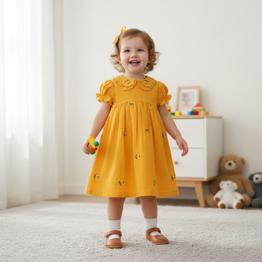 ​Mustard Yellow Embroidered  Frock