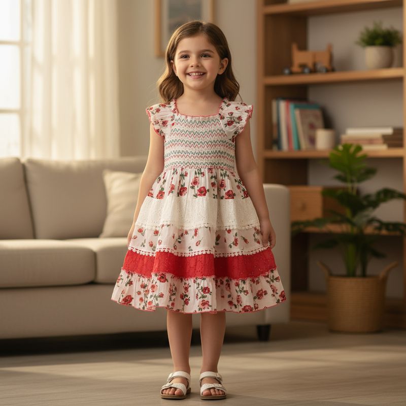 DressRed &amp; White Floral Cotton Smocked Dress