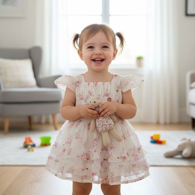 Baby Girls White Floral with Ruffle Hem &amp; Button Detailing