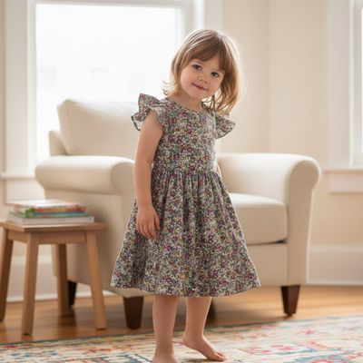 Floral Print Cotton Dress with Ruffled Sleeves