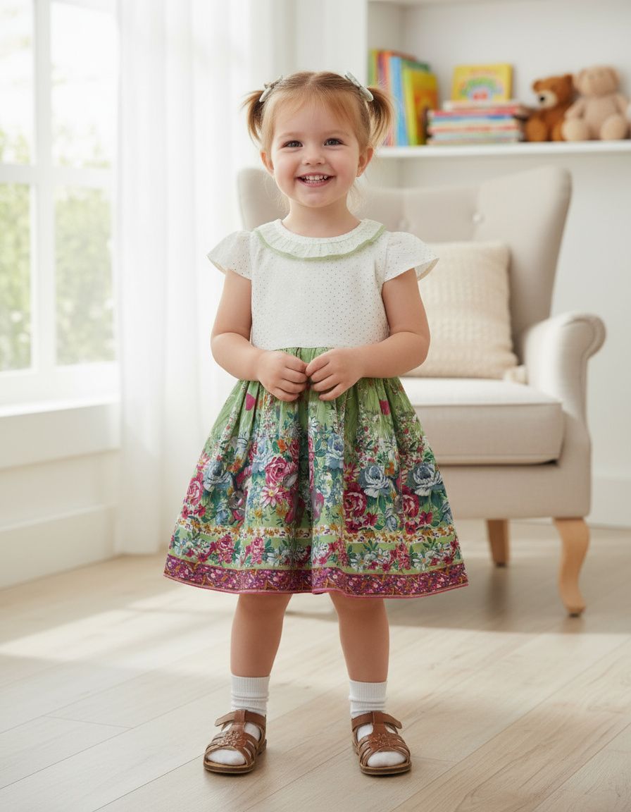 Green Floral Printed Party Dress for Baby Girl