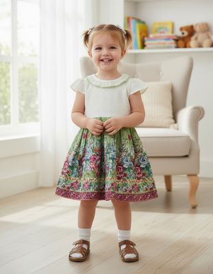 Green Floral Printed Party Dress for Baby Girl