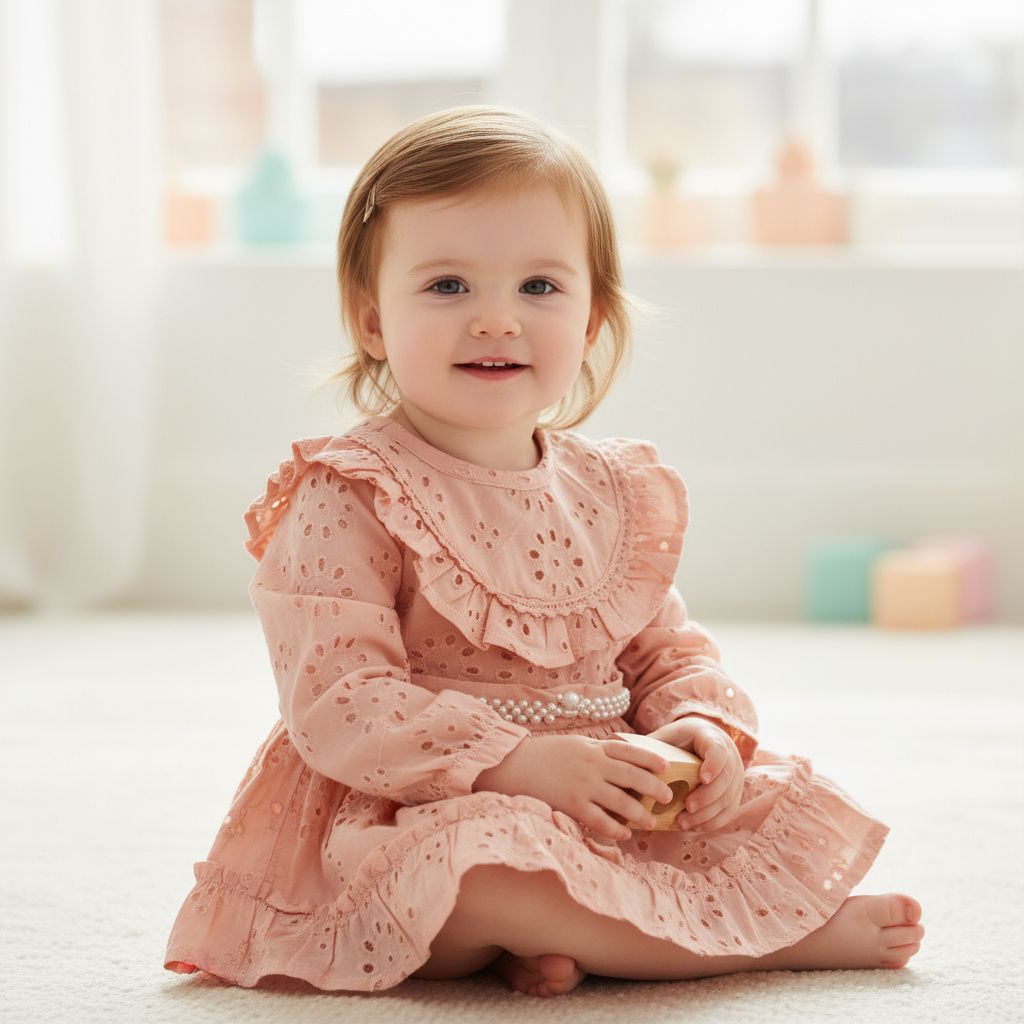 Peach Eyelet Embroidered Cotton Frock with Pearl Waist Belt