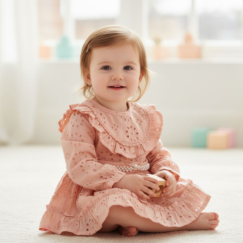 Peach Eyelet Embroidered Cotton Frock with Pearl Waist Belt