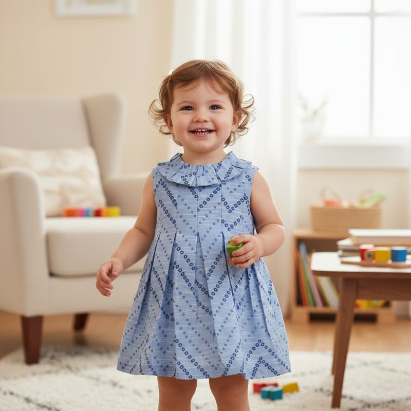 Light Blue Printed Sleeveless Pleated Frock for Girls