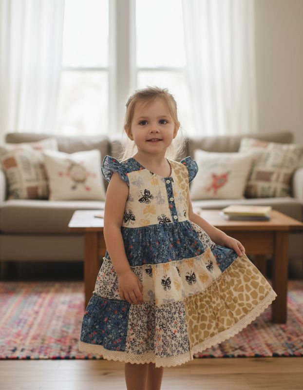 Multi-Print Cotton Frock – Butterfly &amp; Floral Patchwork Design