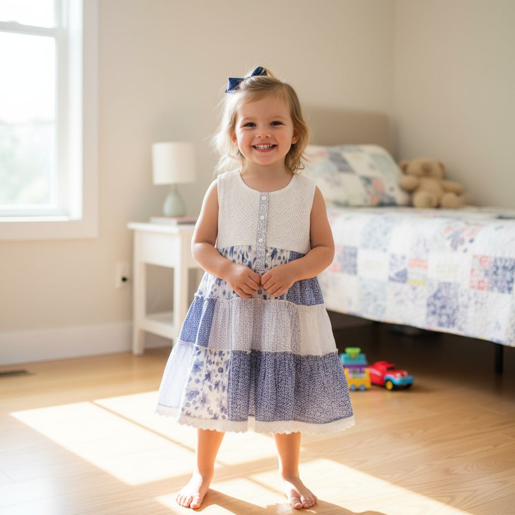 Blue &amp; White Floral Patchwork Cotton Frock