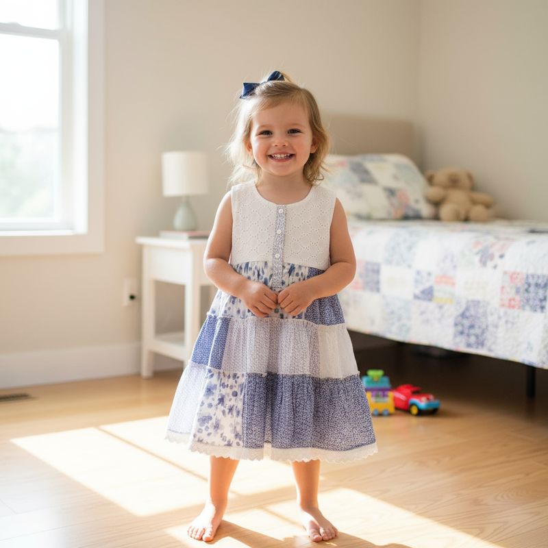 Blue &amp; White Floral Patchwork Cotton Frock