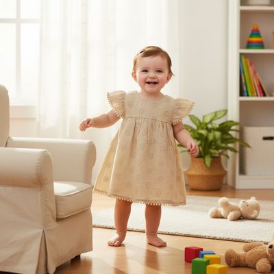 Beige Cotton Embroidered Baby Dress