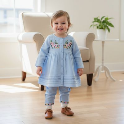 Light Blue Embroidered Cotton frock and Pant Set for Girls