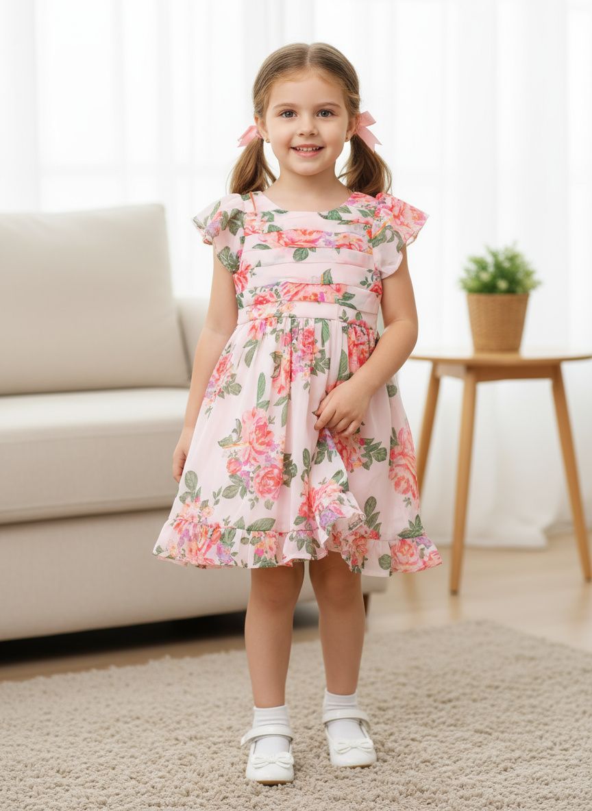 Girls’ Pink Floral Chiffon Frock