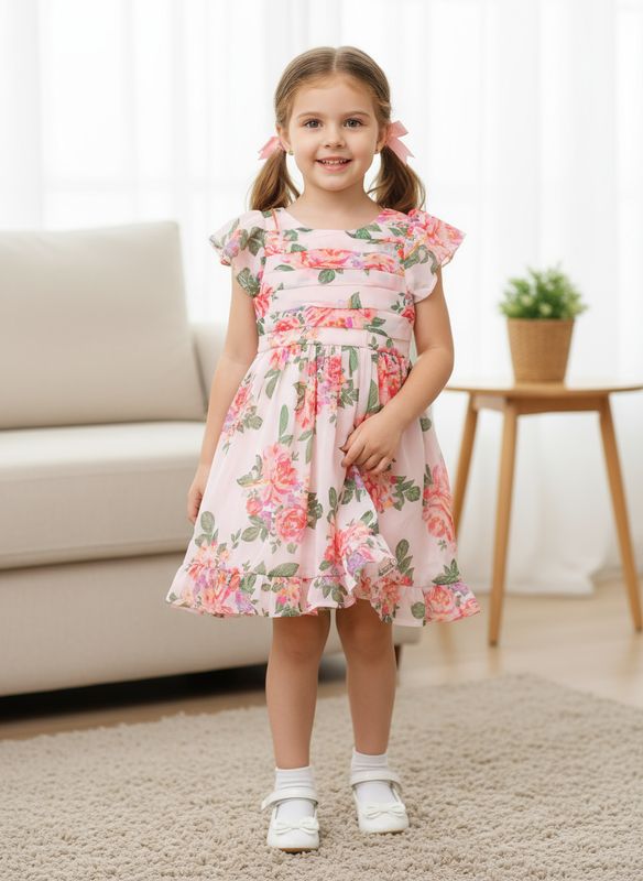 Girls’ Pink Floral Chiffon Frock