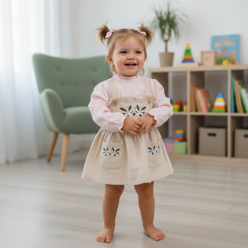 Beige Dungaree with Pink Top and Floral Embroidery for Girls