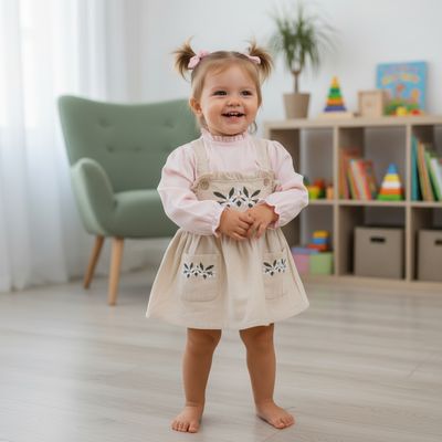 Beige Dungaree with Pink Top and Floral Embroidery for Girls