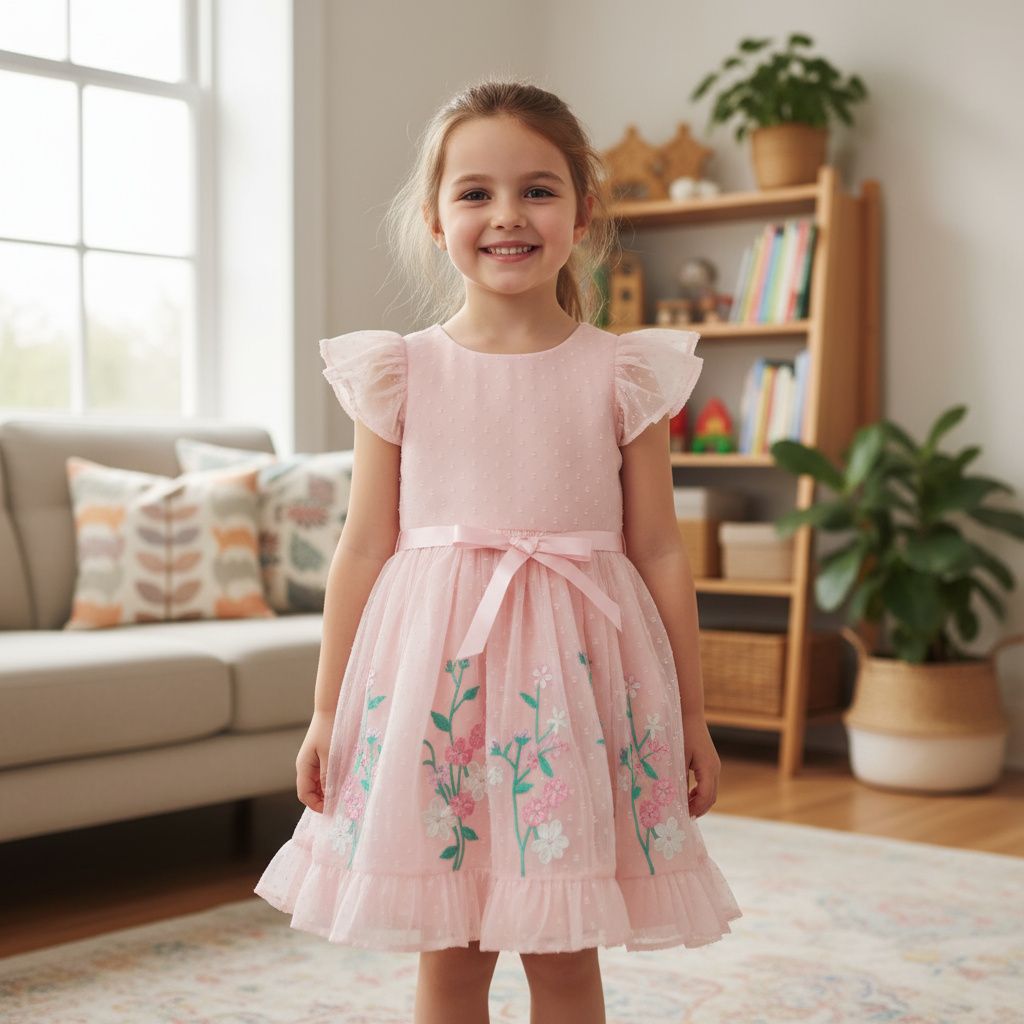 Girls’ Pink Embroidered Organza Frock
