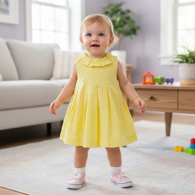 Yellow Sleeveless Cotton Frock with chikan Eyelet Design