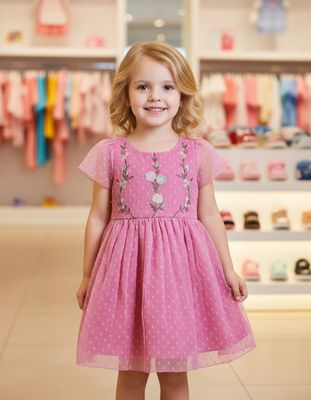 Girls Pink Embroidered Net Dress