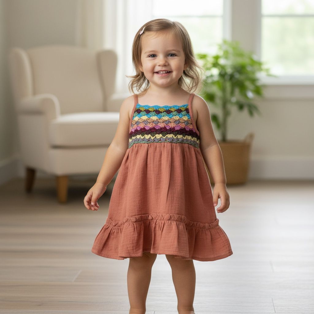 Girls Terracotta Cotton Dress with Crochet Yoke