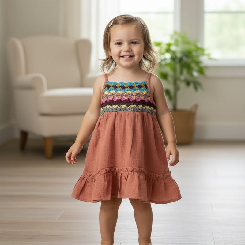 Girls Terracotta Cotton Dress with Crochet Yoke