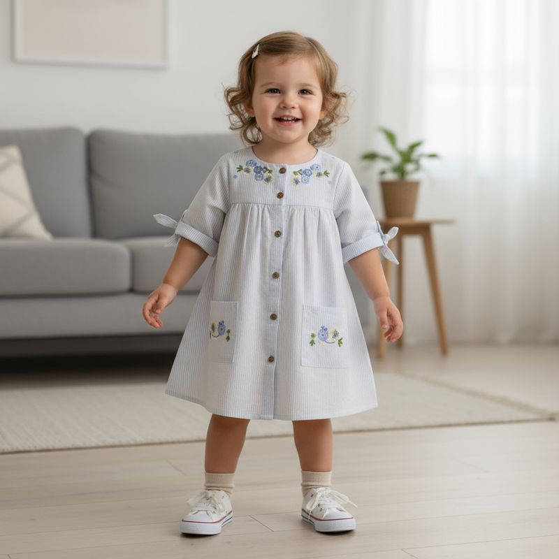 Light Blue Striped Cotton Dress – Embroidered Button-Down Frock