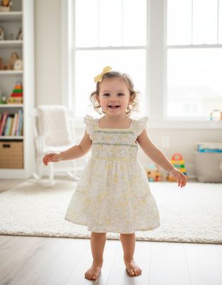 Girls Yellow Floral Cotton Smocked Dress