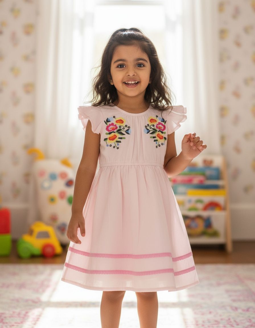 Light Pink Cotton Embroidered Frock for Girls