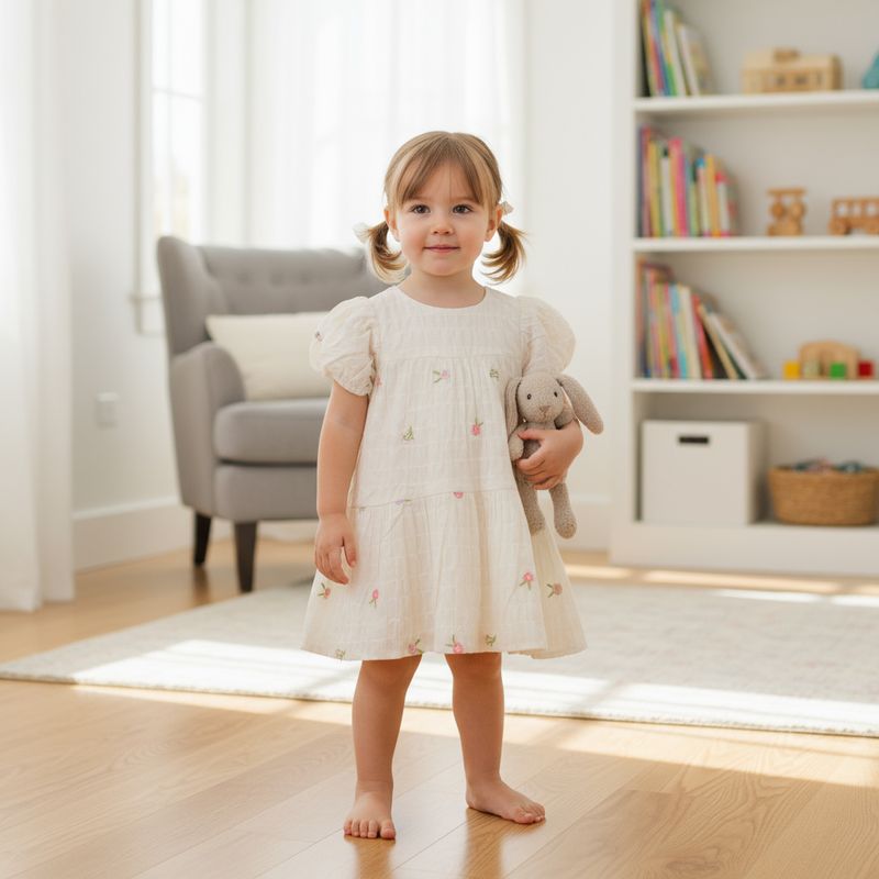 Girls’ Cream Embroidered Cotton Frock