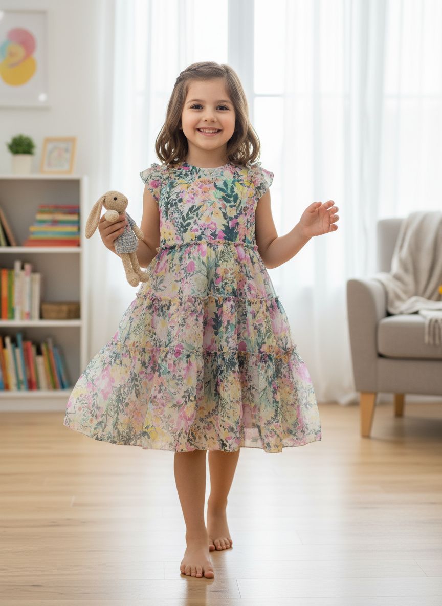 ​Girls Floral Printed Chiffon Dress