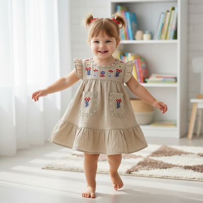 Beige Floral Embroidered Cotton Dress