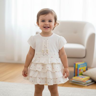 Layered Ruffle Cotton Frock with Bead Detailing for Girls