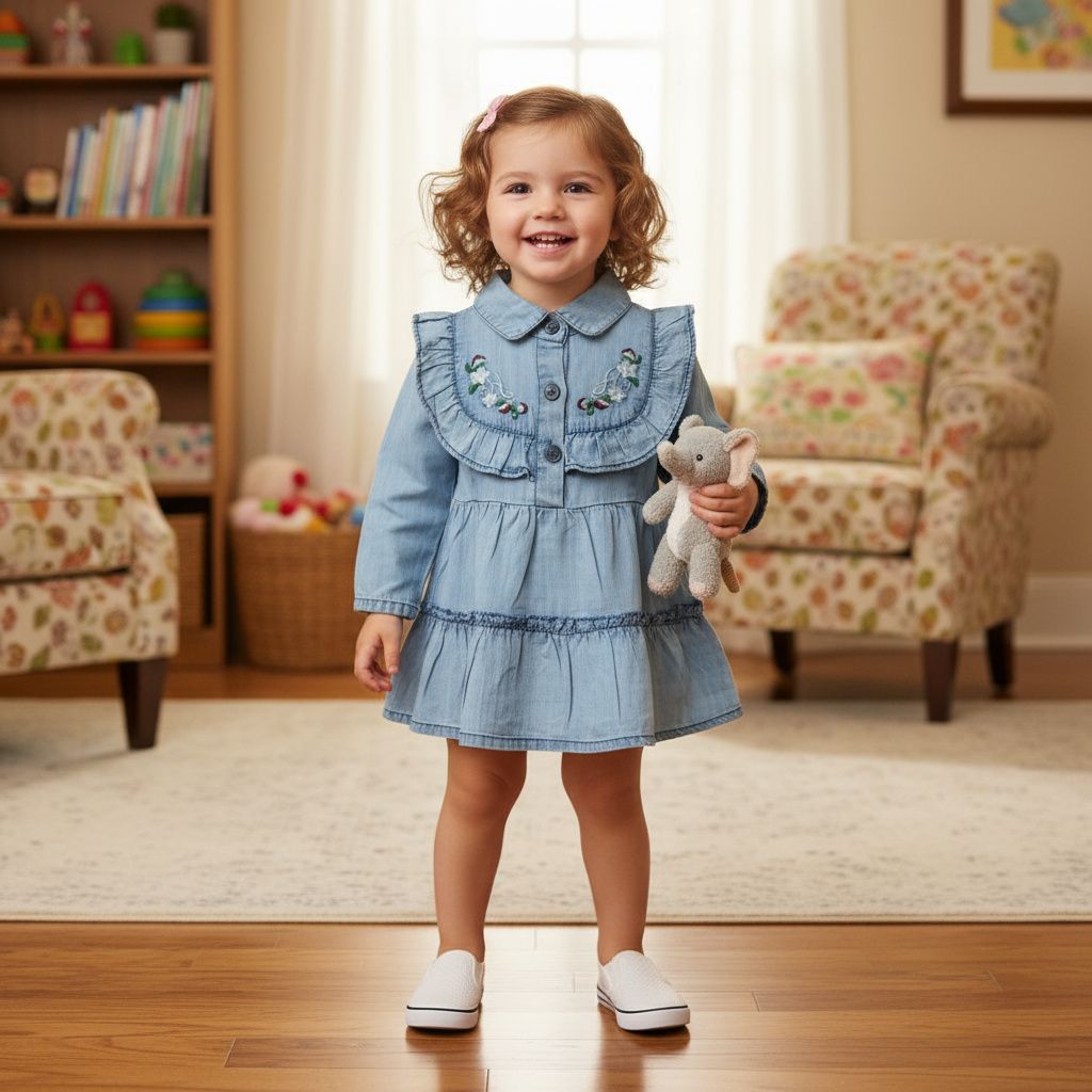 ​Stylish Baby Girls Light Blue Denim Dress