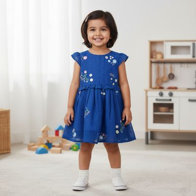 Royal Blue Chiffon Embroidered Dress with Cotton Lining