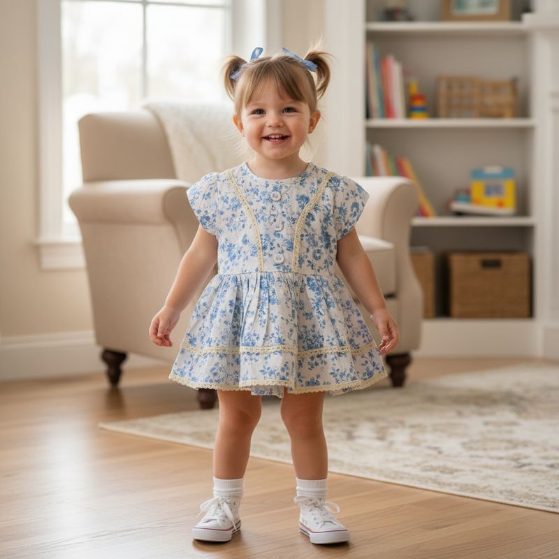Blue Floral Printed Cotton Frock with Lace Detailing