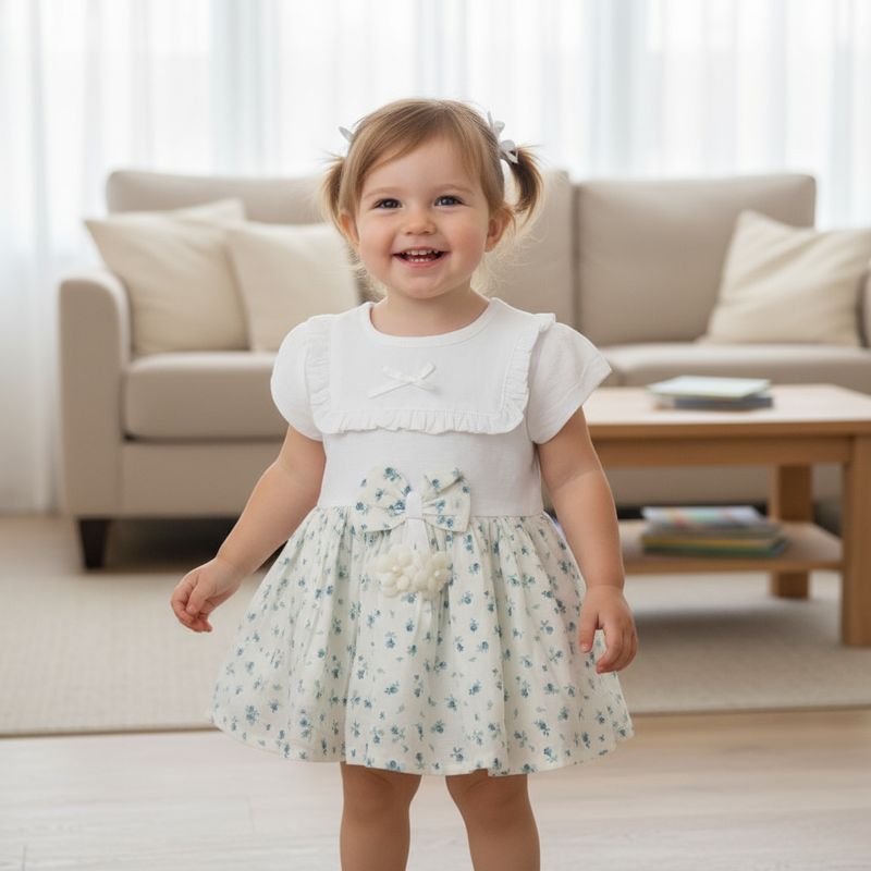 ​Baby Girls White Floral Cotton Frock with Bow