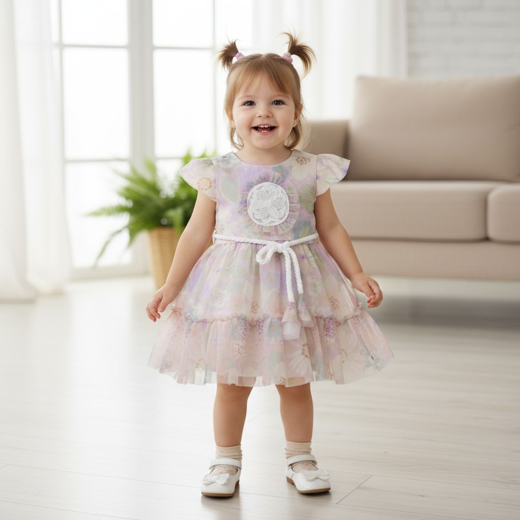 Pastel Floral Net Frock with Rope Belt and Lace Appliqué for Girls