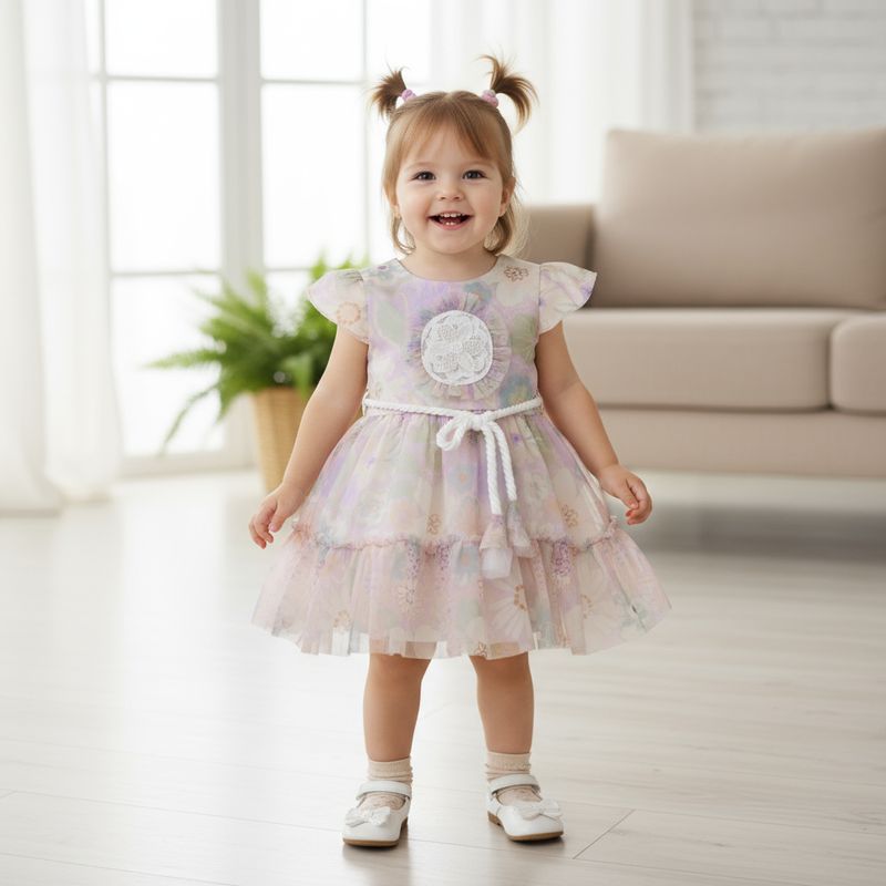 Pastel Floral Net Frock with Rope Belt and Lace Appliqué for Girls