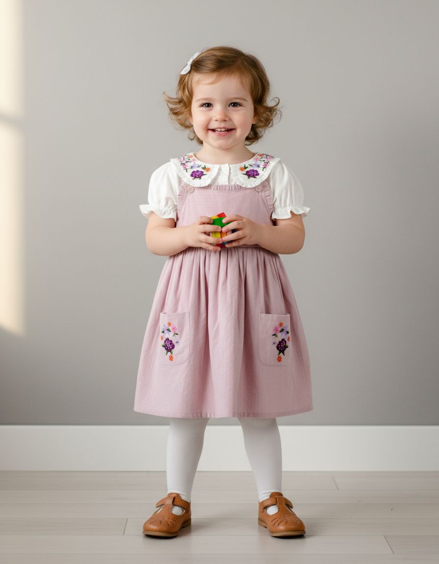 Cotton Dungaree Dress with White Embroidered