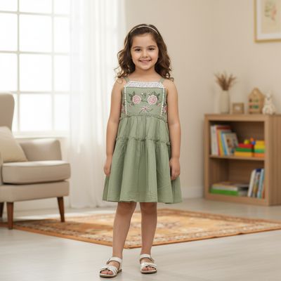 Olive Green Tiered Cotton emboridary Frock