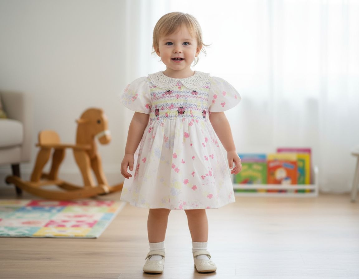 Floral Embroidered smoking Cotton Frock with Lace Collar