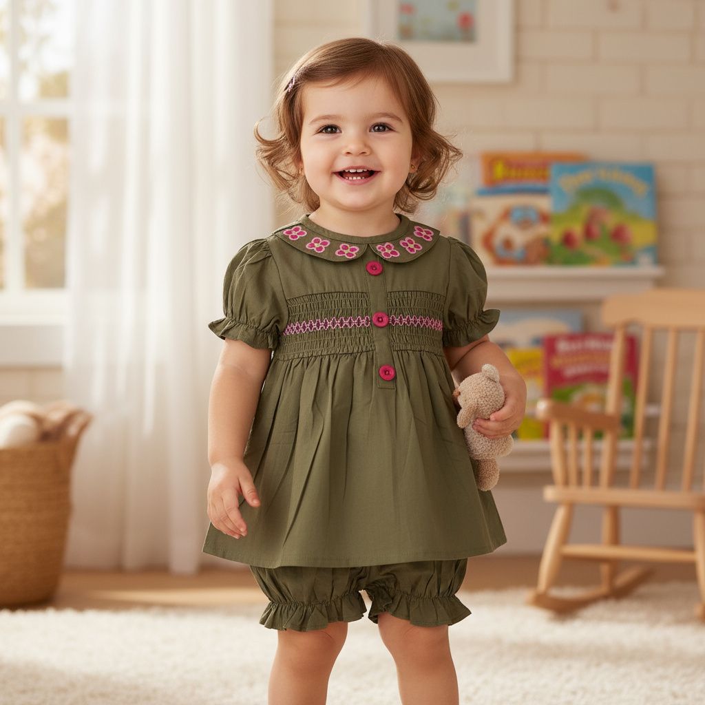 Olive Green Cotton Smocked Co-ord Set for Baby Girls