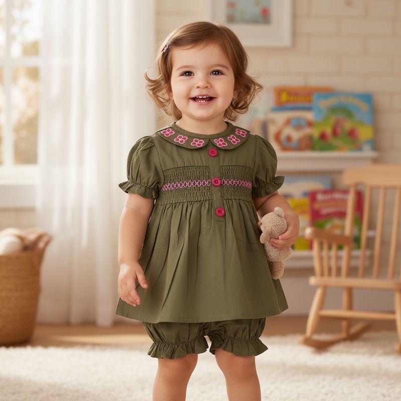 Olive Green Cotton Smocked Co-ord Set for Baby Girls