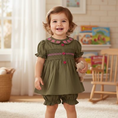 Olive Green Cotton Smocked Co-ord Set for Baby Girls