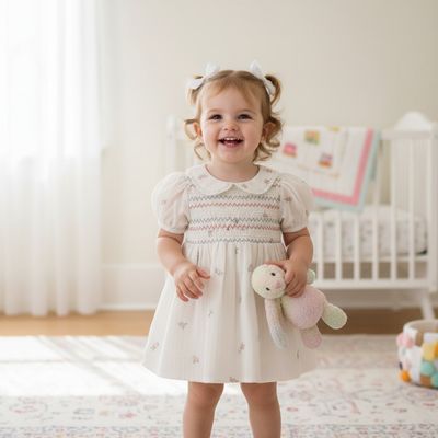 Cream Cotton Baby Frock with Lace Collar