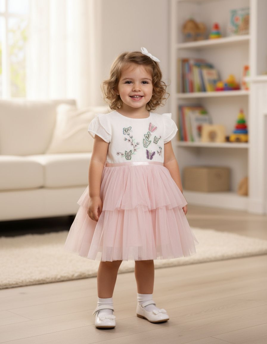 Pink Butterfly Layered Net Frock