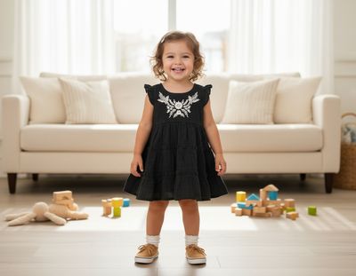 Elegant Black Embroidered Cotton Frock