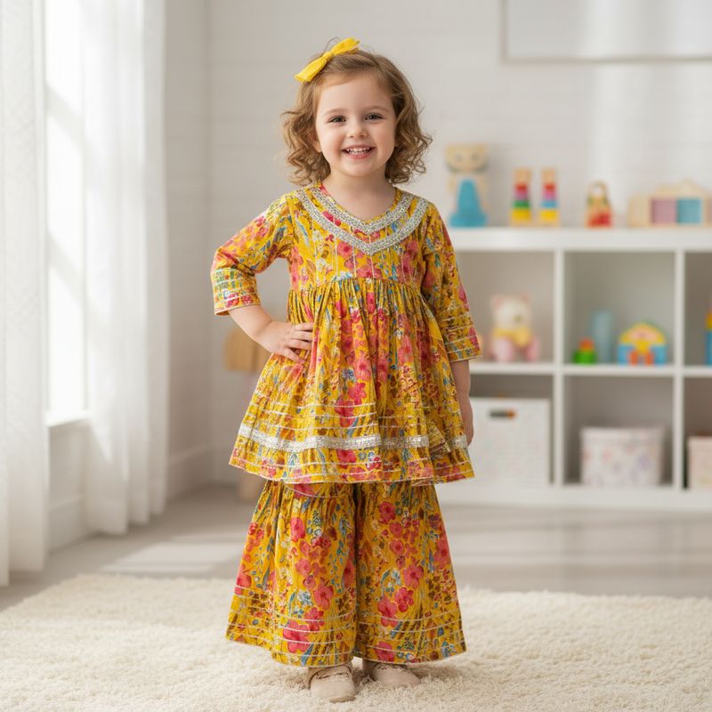 Bright Yellow Floral Sharara Set