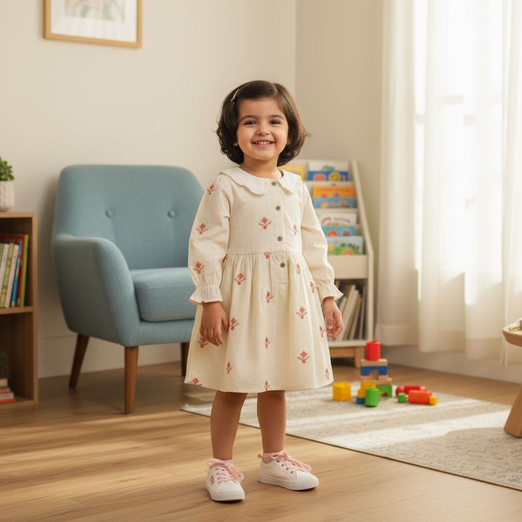 ​Cream Embroidered Cotton Frock for Baby Girls