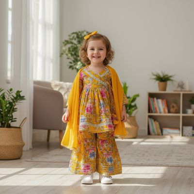 mustard yellow floral sharara set.