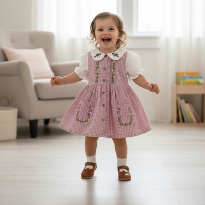 Pink Gingham Embroidered Cotton Frock